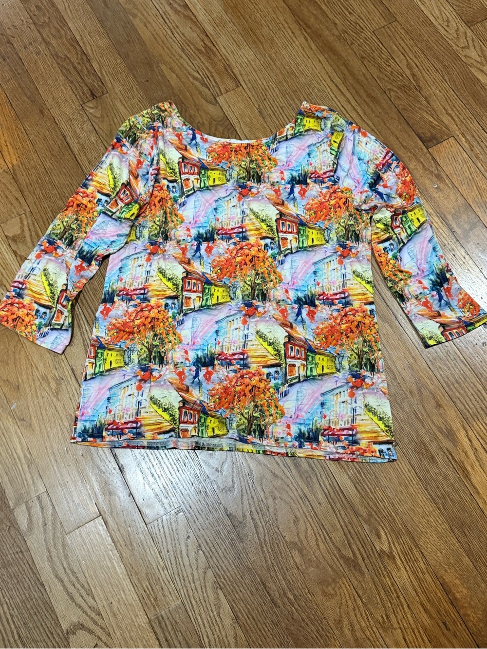 Peck & Peck Multicolor Scenic Print Artsy 3/4 Sleeve Tee XL